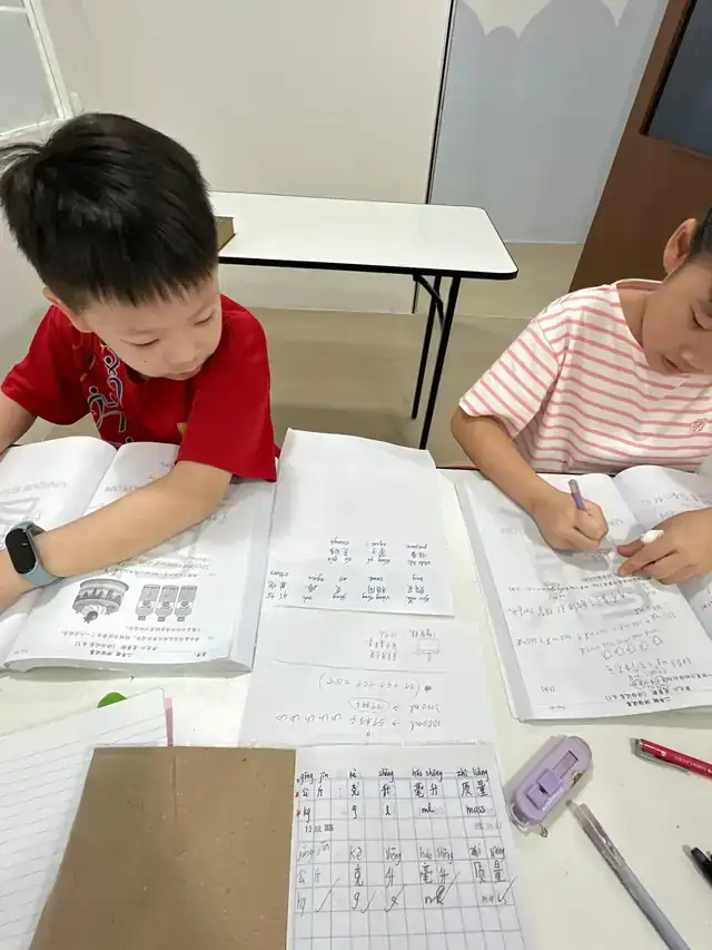 两个孩子对着课本写词语与拼音