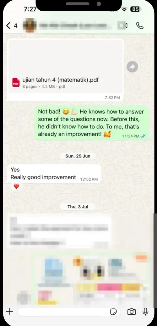 家长 WhatsApp 好评截图：Ms Kiki Cheah：真的进步很多