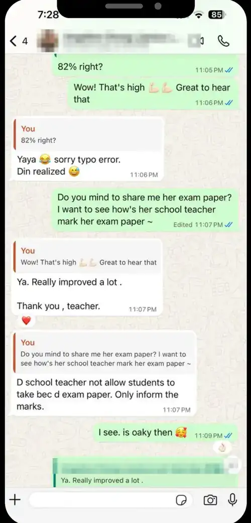 家长 WhatsApp 好评截图：Angeline Chong：进步很多，谢谢老师