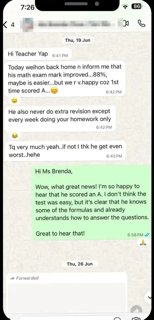 家长 WhatsApp 好评截图：Ms Brenda Chua：88%，第一次拿 A