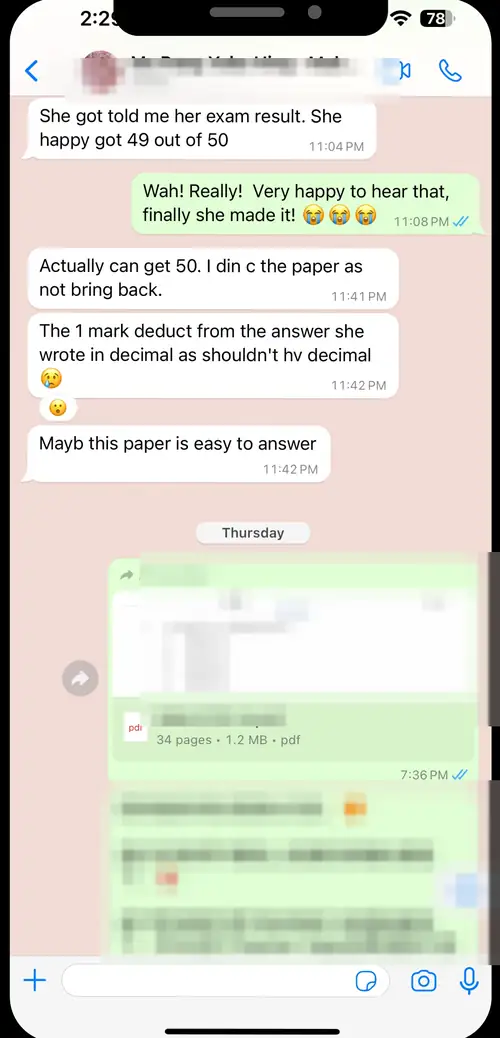 家长 WhatsApp 好评截图：Ms Pang：50 题对了 49 题